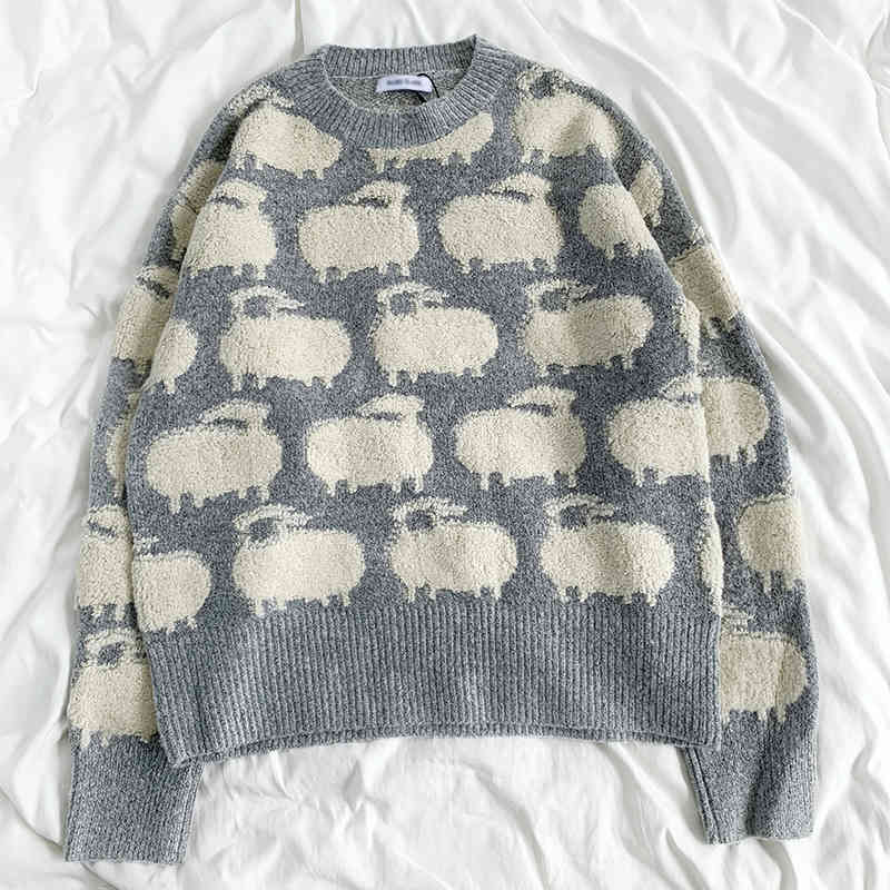 Kimutomo Cute Sheep Jacquard Sweater Women Warm Spring Autumn Chic Korean Girls O-neck Wild Long Sleeve Tops Knitwear 210521