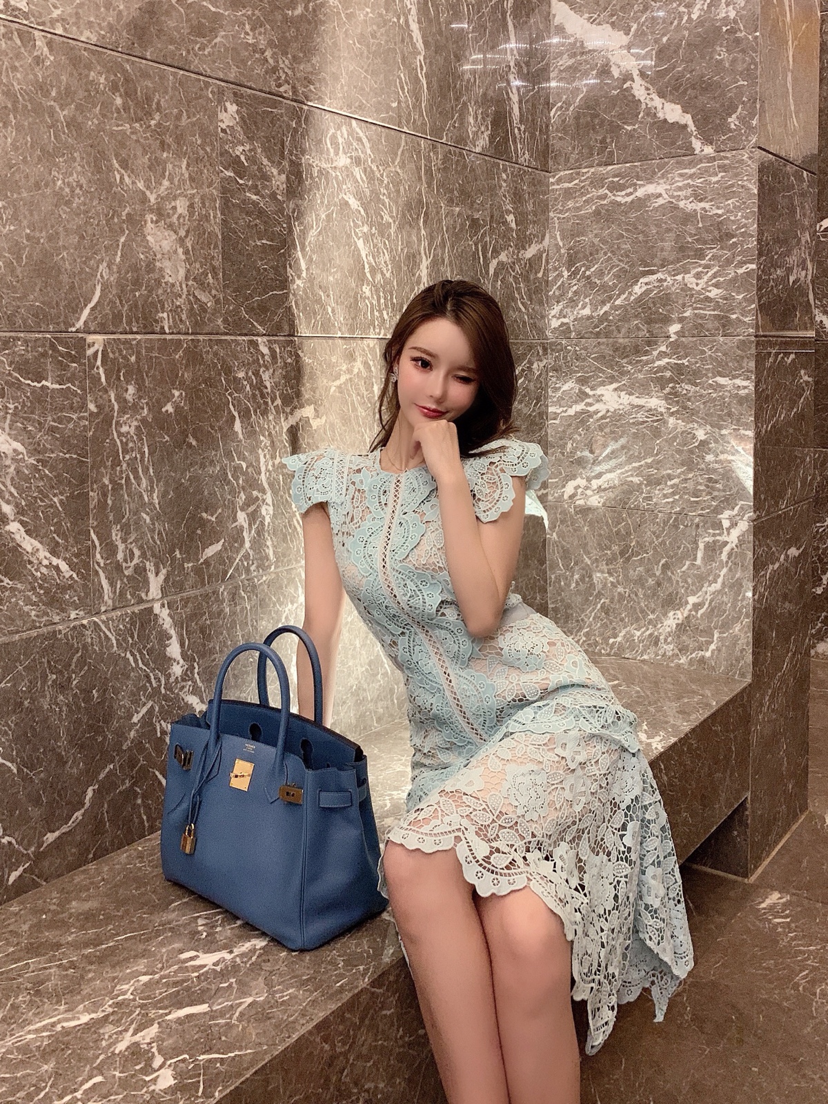 Summer fashion design womens sleeveless petal sleeve o-neck mingt green color hollow out lace slim waist asymmetric runway dress SML