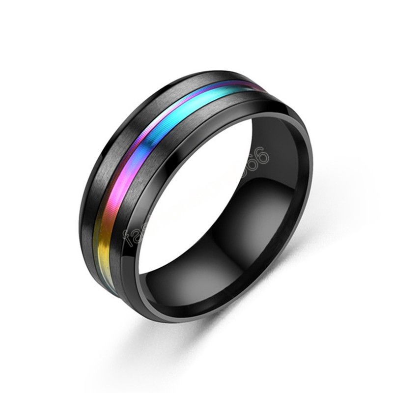 8mm Black Ring for Men Women Groove Rainbow Titanium Steel Wedding Bands Trendy Fraternal Rings Casual Male Jewelry