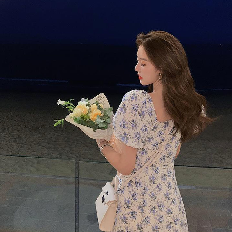 Square Collar Floral Printed Dress Women Elegant Vintage Dress Korea Style Beach Midi Dress Females Office Lady Summer Chic 210521