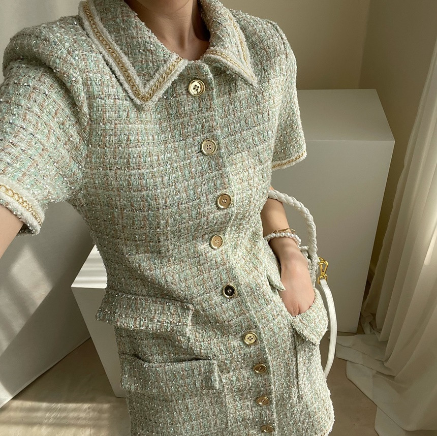 Women's Elegant Party Dress Fashion Casual Tweed Woolen Lapel Short Sleeve Summer Vestidos 210520