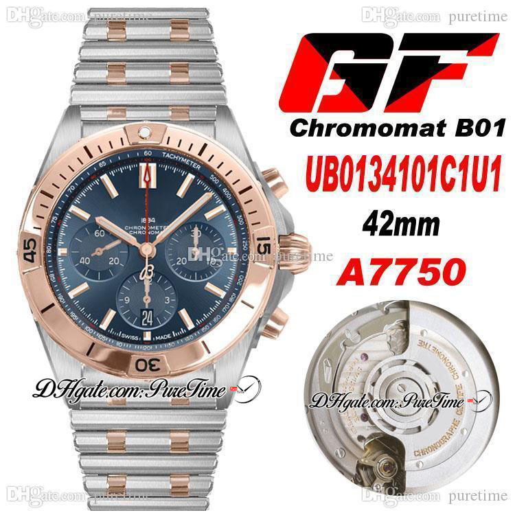 GF B01 ETA A7750 Automatic Chronograph Mens Watch 42 Two Tone Rose Gold Blue Dial Stick Markers UB0134101C1U1 Stainless Steel Bracelet Super Edition Puretime, Customize
GF B01 ETA A7750 Automatic Chronograph Mens Watch 42 Two Tone Rose Gold Blue Dial Stick Markers UB0134101C1U1 Stainless Steel Bracelet Super Edition Puretime, Customize