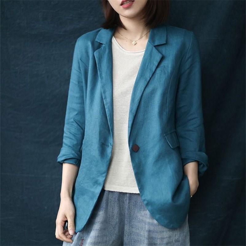 Arrival Spring Arts Style Women Long Sleeve Loose Casual Blazers Single Button 100% Linen Solid Blazer Femme Coat M278 210512