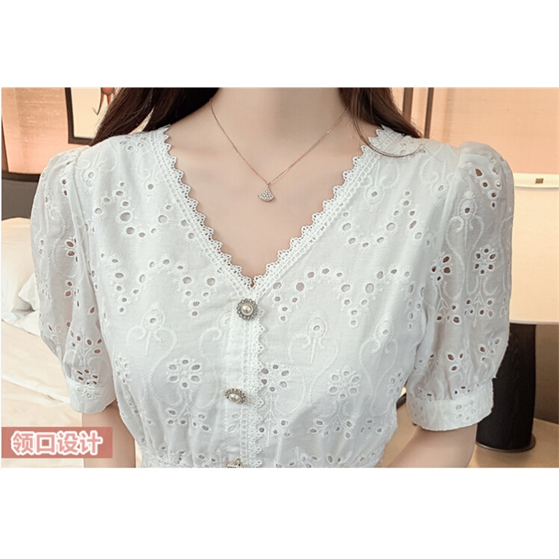 Fashion Runway Summer Dress Women Short Sleeve Elegant Ruffle Hollow Lace Embroidery Mid-Length White 210520