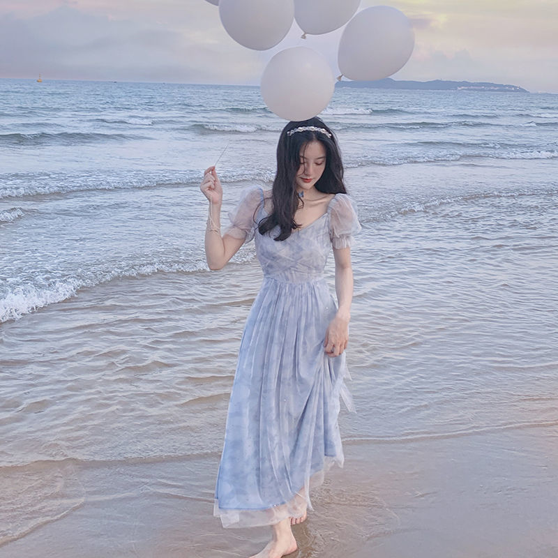 Sweet Elegant Dress Women Short Sleeve Lace Tulle Fairy Dress Party Beach Dress Korean V-neck Summer Office Lady 210521