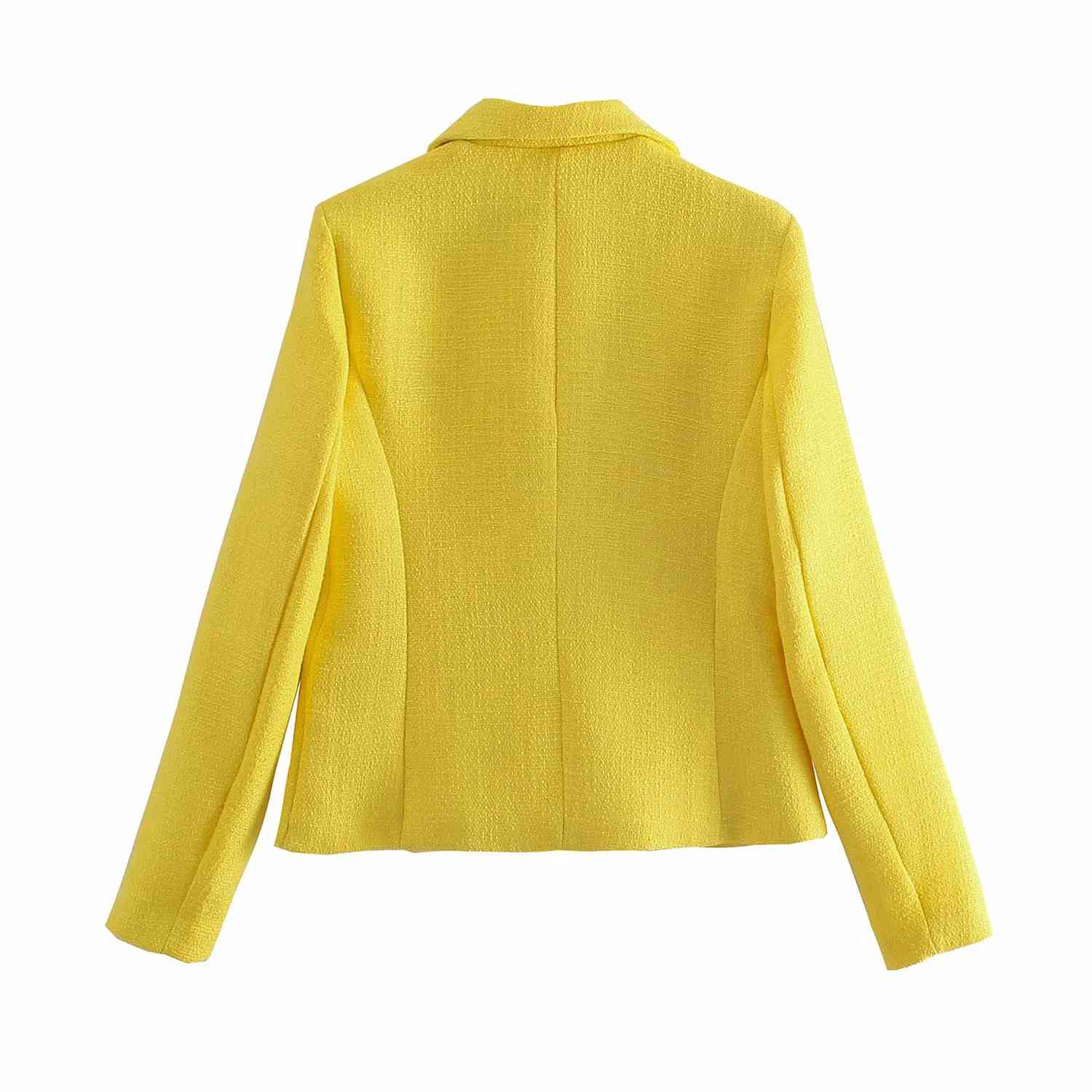 Fashion Women Yellow Tweed Blazer Jacket Spring Double Breasted Female Autumn Coat Chic Pockets Office Lady Elegant Top 210521