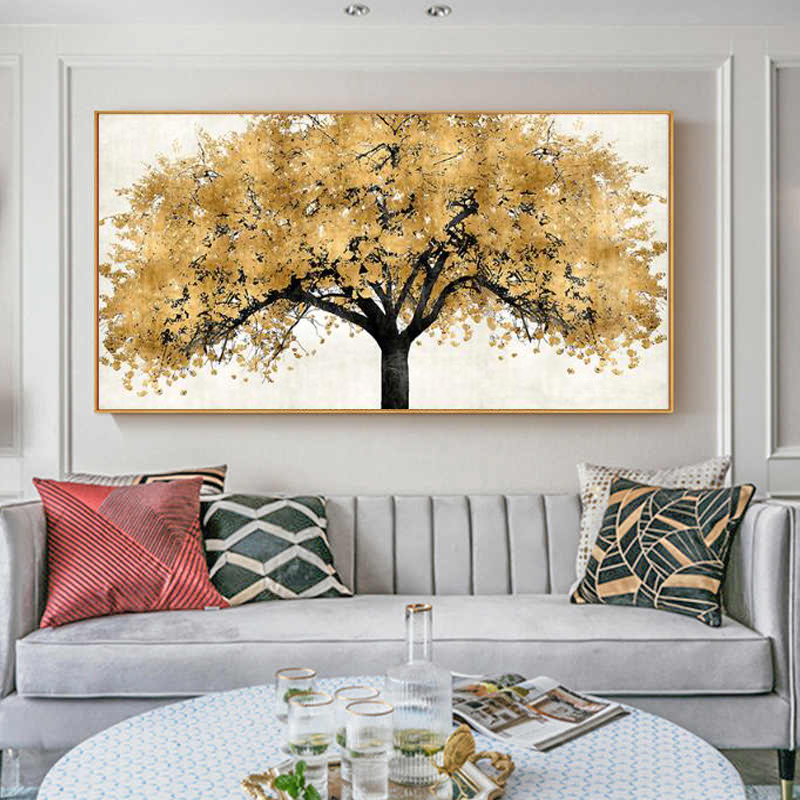 Vintage Home Decor Golden Rich Tree Poster Oil Painting Printed On Canvas Wall Art Pictures For Living Room Decoration Entrance