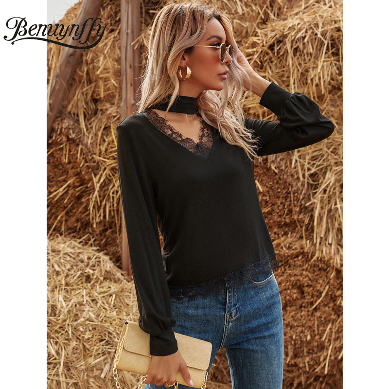 Choker Neck Lace Patchwork Fashion T Shirt Women Spring Fall Black Cut Out Long Sleeve Female Elegant Tshirt Tops 210510