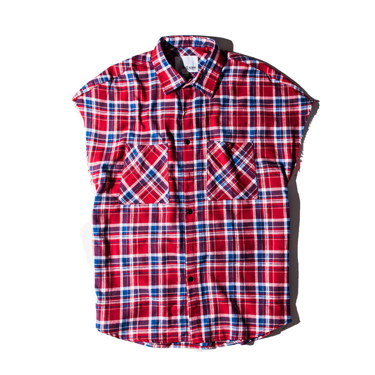 Fashion Brand Plaid shirt Men Hip hop sleeveless Shirts Mens side zipper shirtcamisa masculina swag Plus Size