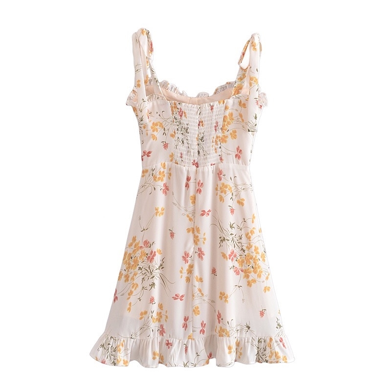 Summer Ivory Color Floral Print Women Dress Ruffles hem Tie Bow Strap Sleeveless Mini Sexy Beach Holiday Vintage 210429