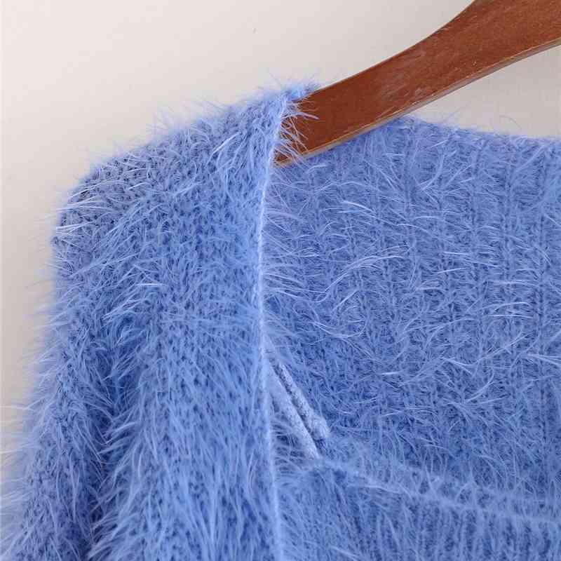 Causal Women Solid Blue Sweaters Fashion Ladies Streetwear Soft Loose Knitted Tops Elegant Female Chic Two Piece Set 210430