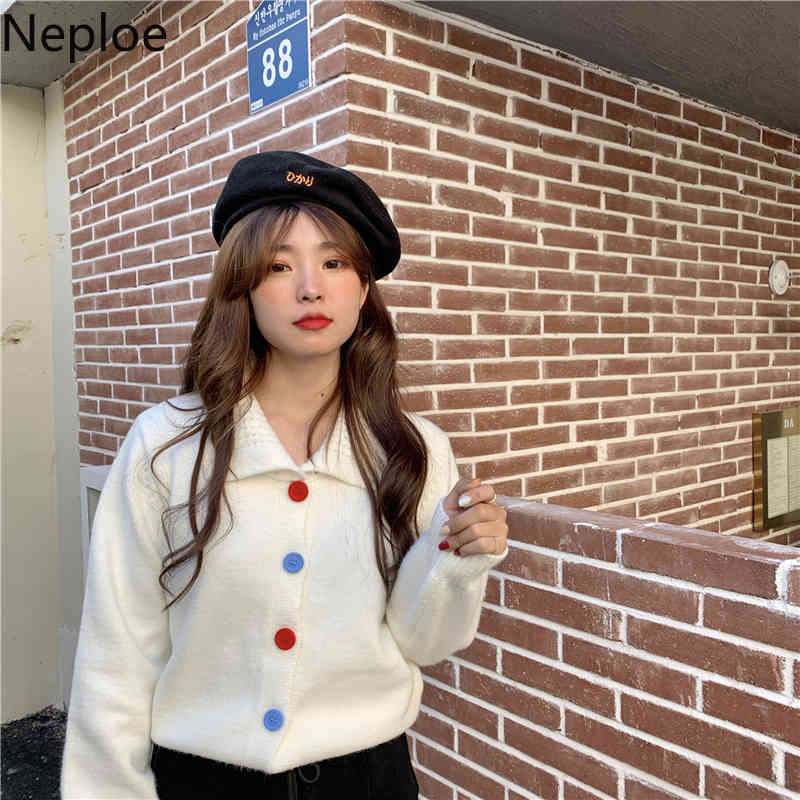 Neploe Vintage Knitted Cropped Cardigan Chic Single Breasted Sweet Sweaters for Women Loose Long Sleeve Sueter Coat Pull Femme 210422