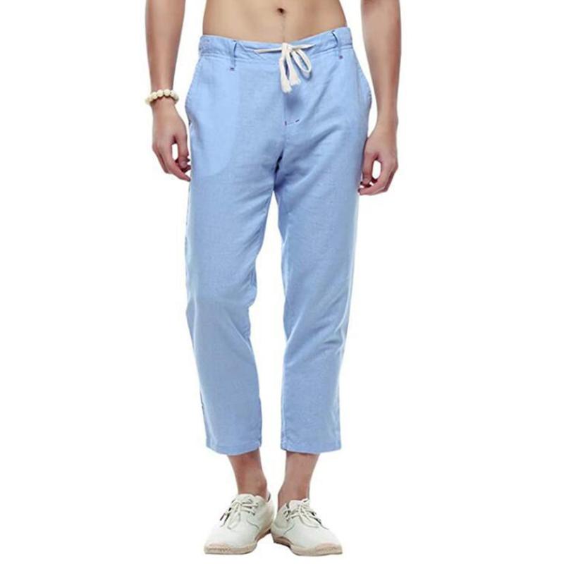 2021Men Straight Pants Solid Color Pencil Trousers Slim Casual Ninth Waist Drawstring With Pockets Men's