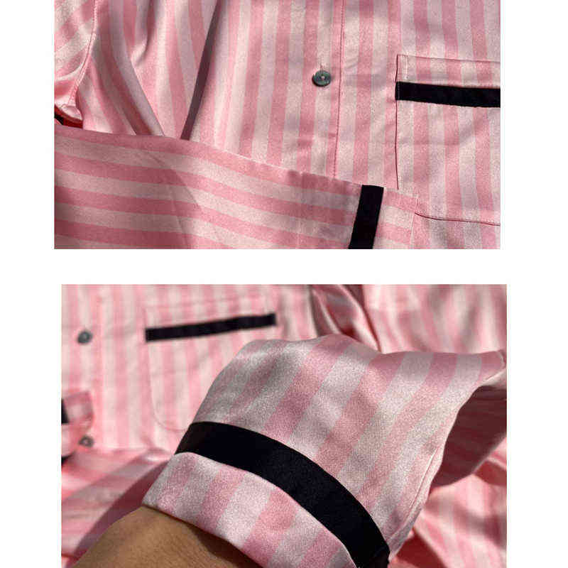 Summer Spring Pajamas for Women Satin Silk Sleepwear Two Piece Set Long Sleeved Striped Pjs Lounge Wear Night Suits Home Clothes 211109