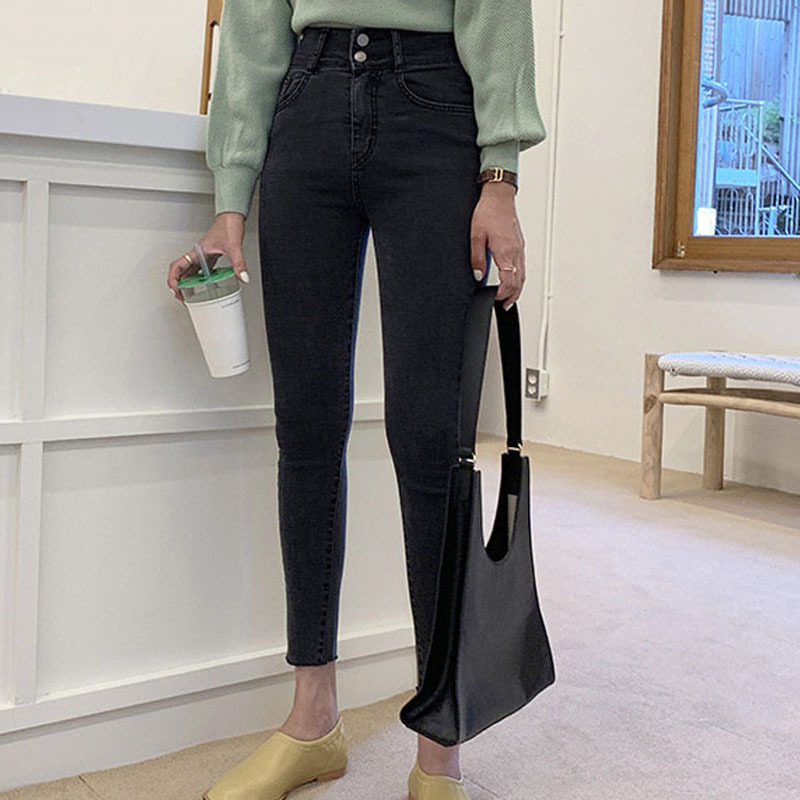 Autumn Zipper with Button Women's Jeans Casual Korean Style Slim High Waist Stretch Black Trousers Women Femme 10400 210518