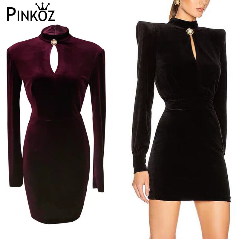 runway celebrity sexy mini dress women femme slim bodycom one button velvet red black long sleeve spring autumn dresses 210421