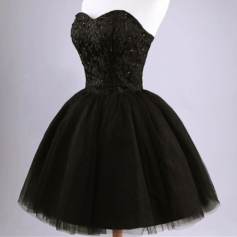 2019 Black Lace Sweetheart Short Prom Homecoming Dress A Line Tulle Beaded Sequined Appliques Graduation Cocktail Party Gown QC1359