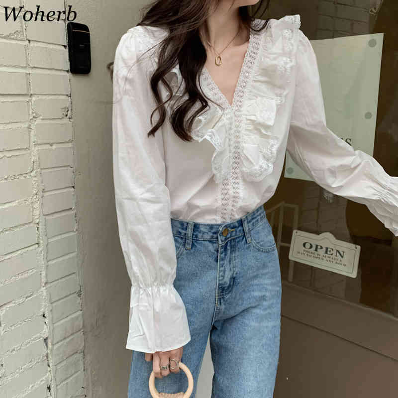 Blusas Femme Ruffle Hollow Patchwork Korean Tops Shirts Chic Casual Streetwear Sweet Blouse All Match Shirt 210519