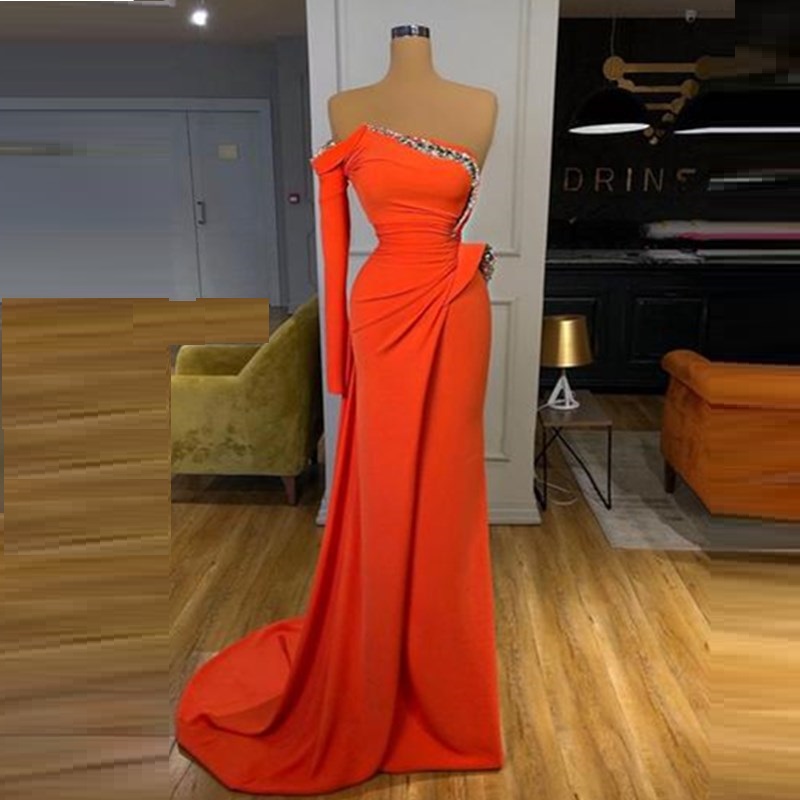 Dark Green Sequined Mermaid Prom Dresses One Shoulder Neck Side Split Evening Gowns Satin Sweep Train Formal Dress
