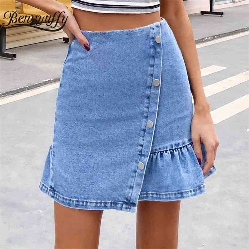 Button Front Ruffle Hem Denim Skirts Women Summer Casual Streetwear Ladies High Waist Zipper Jean Mini Skirt 210510