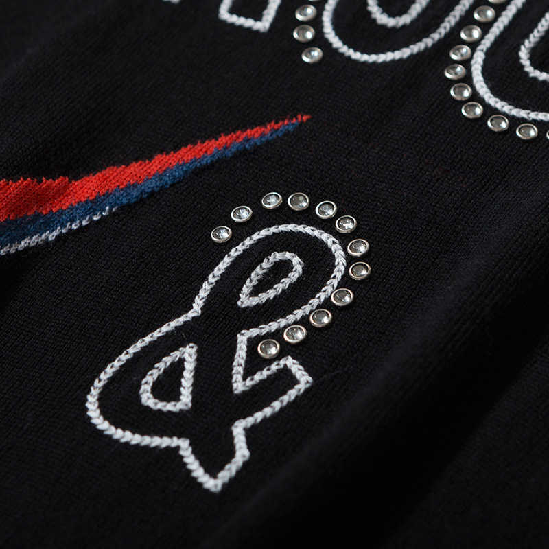 Beading Letter Graphic Sweater Women Autumn Winter Long Sleeve O Neck Black Pullover Casual Vintage Rock Sweaters Tops 210918