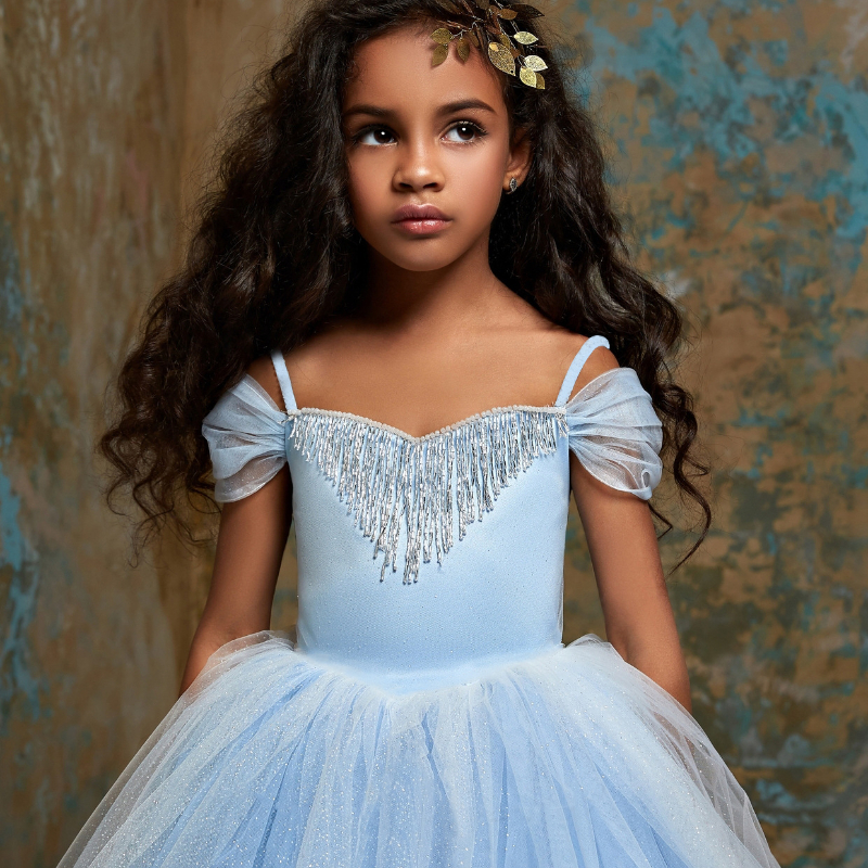 Long Princess Cinderella Flower Girl Dresses Off-The-Shoulder Floor Length Ball Gown Blue Kids Pageant Gowns Newest Design Custom Made Dress 403