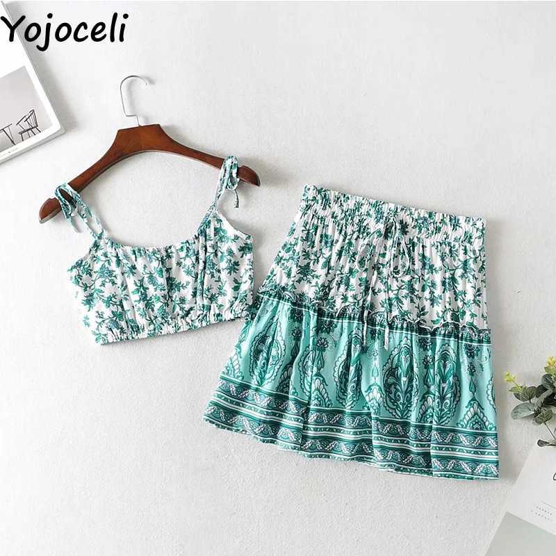 Yojoceli Sexy boho print short dres 2 piece set Elegant summer beach strap Casual daily ruffle sun 210609