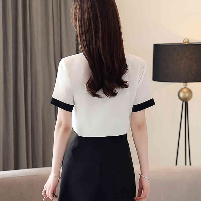 Korean Fashion Clothing Summer V Neck Women Tops Casual Short Sleeve Solid Shirt for White Chiffon Cardigan Blouse 9567 210506