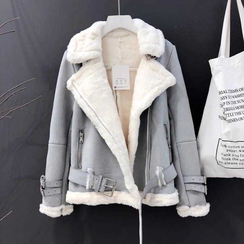 Women Winter Suede Lamb Cold Days Coat Thick Warm Jacket Short Motorcycle Belt Tops Wool Sheepskin Outwear Loose Korea 211019