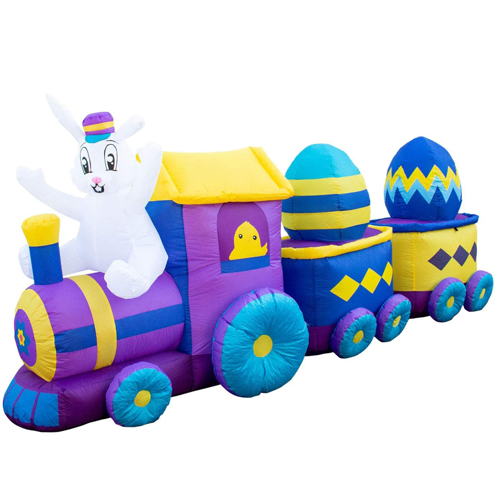 Massive Airblown Easter Inflatable Bunny Train With Carriage,Giant Blow Up 2 Eggs Car For Outdoor Holiday Yard Decoration