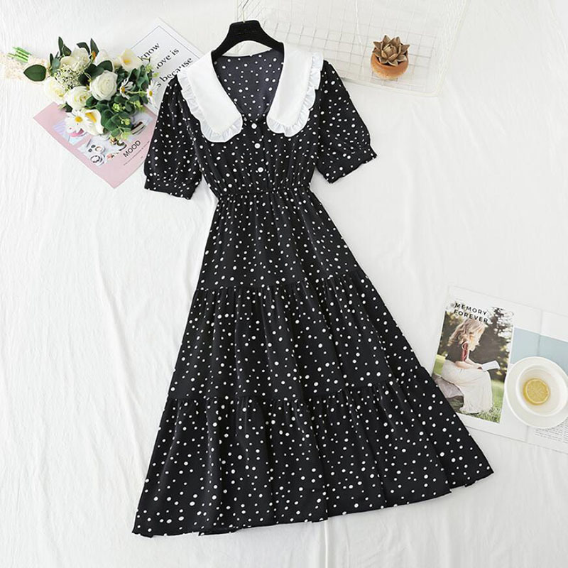 Vintage Polka Dot Print Women Dress Summer Female Elegant Short Sleeve Elastic waist Chiffon Dresses Sweet Vestidos 210521