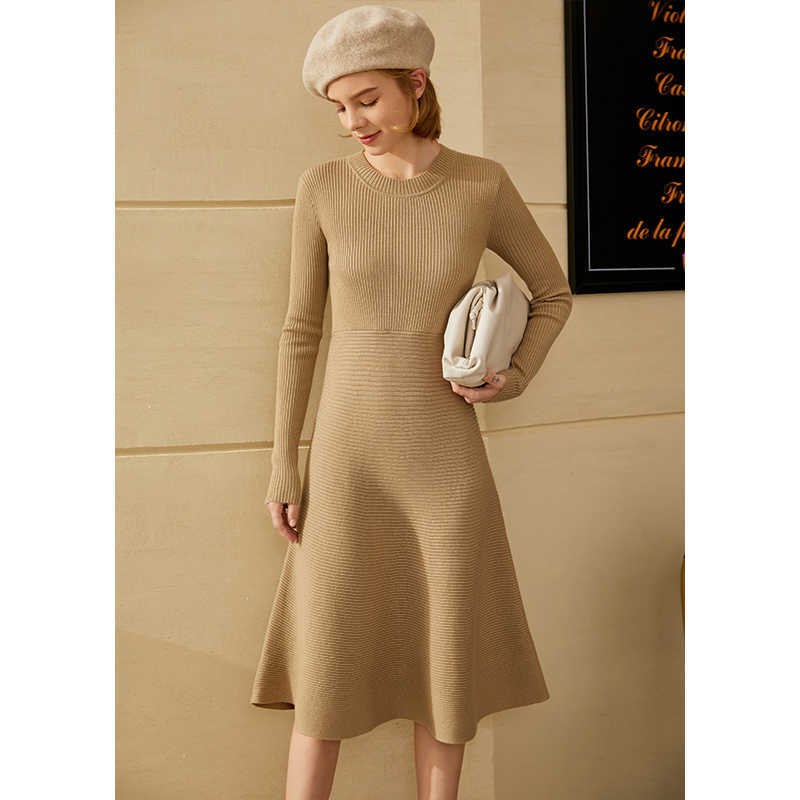 Minimalism Autumn Winter Dresses For Women Fashion Causal Solid Oneck Slim Flim Knee-length Sweater Dress 12040515 210527