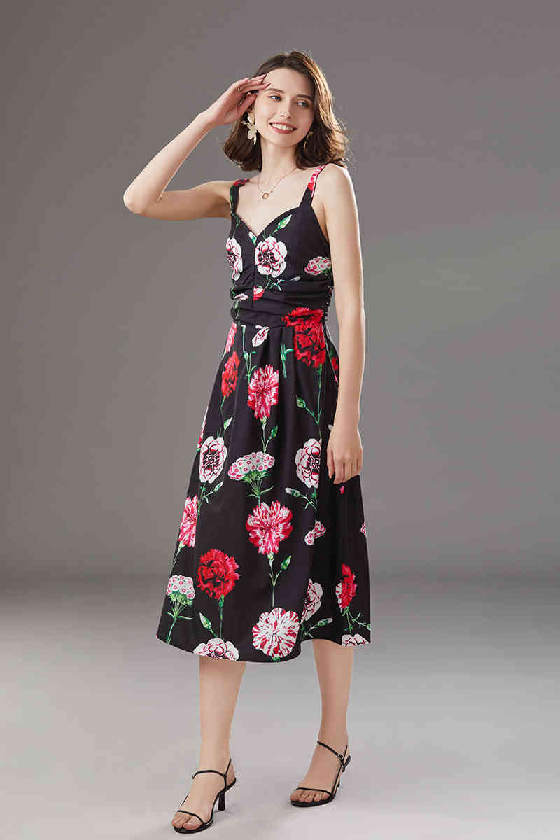 Arrival Summer Women's Runway Dresses Spaghetti Strap Floral Printed Ruched High Street Fashion Casual Mid Calf 210506