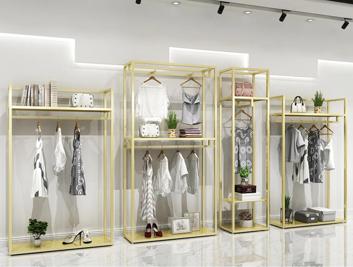 Gold Hanger men's and women's clothing store shelf Commercial Furniture clothes display rack floor type shelfs golden hangers cloth shop