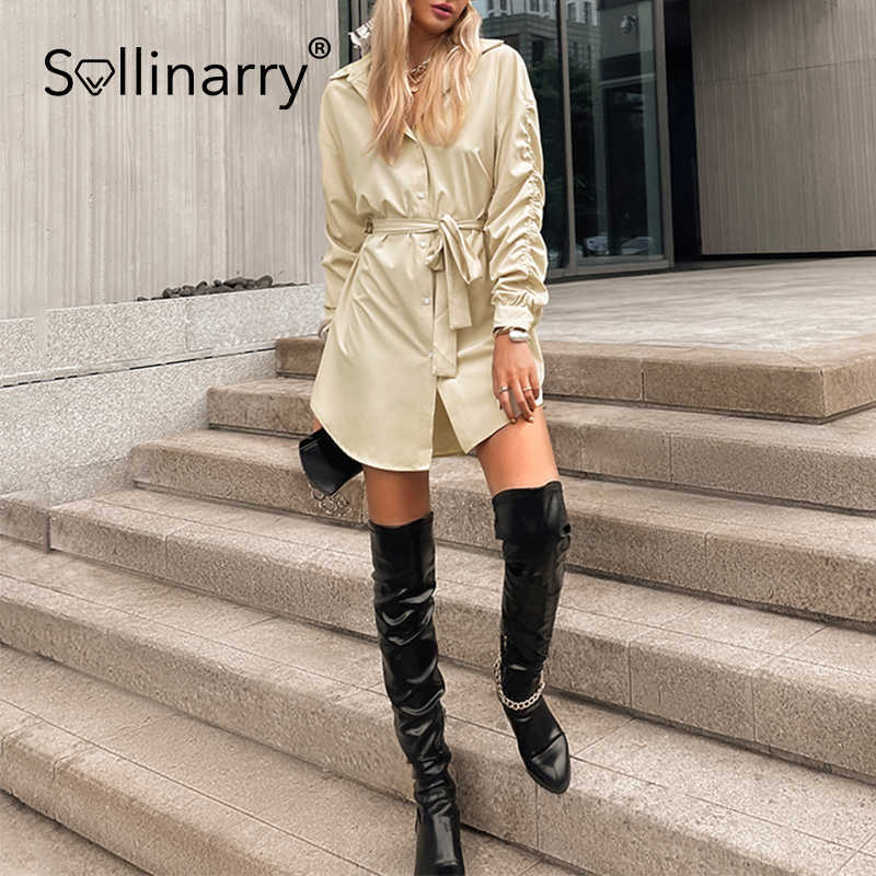 Sollinarry High street pleated lantern sleeves lace up women dress Buttons solid loose mini dresses Elegant long sleeves vestido 210709