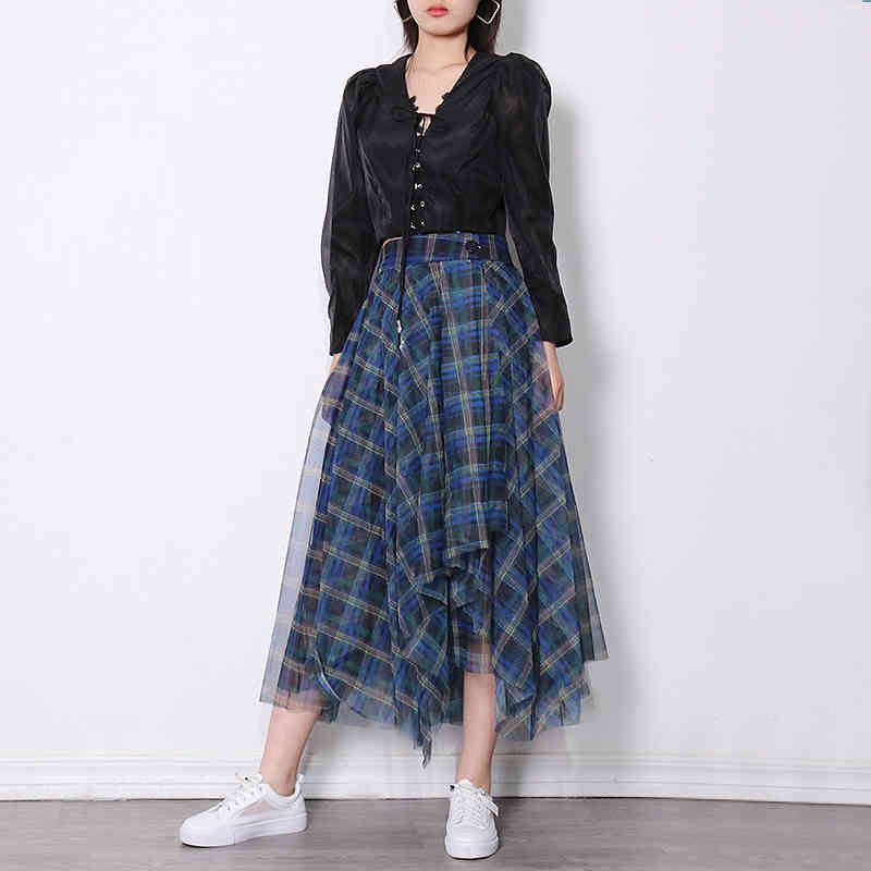 Elegant Plaid Skirt For Women High Waist Midi Hit Color Patchwork Skirts Females Fashion Summer Clothing Style 210521