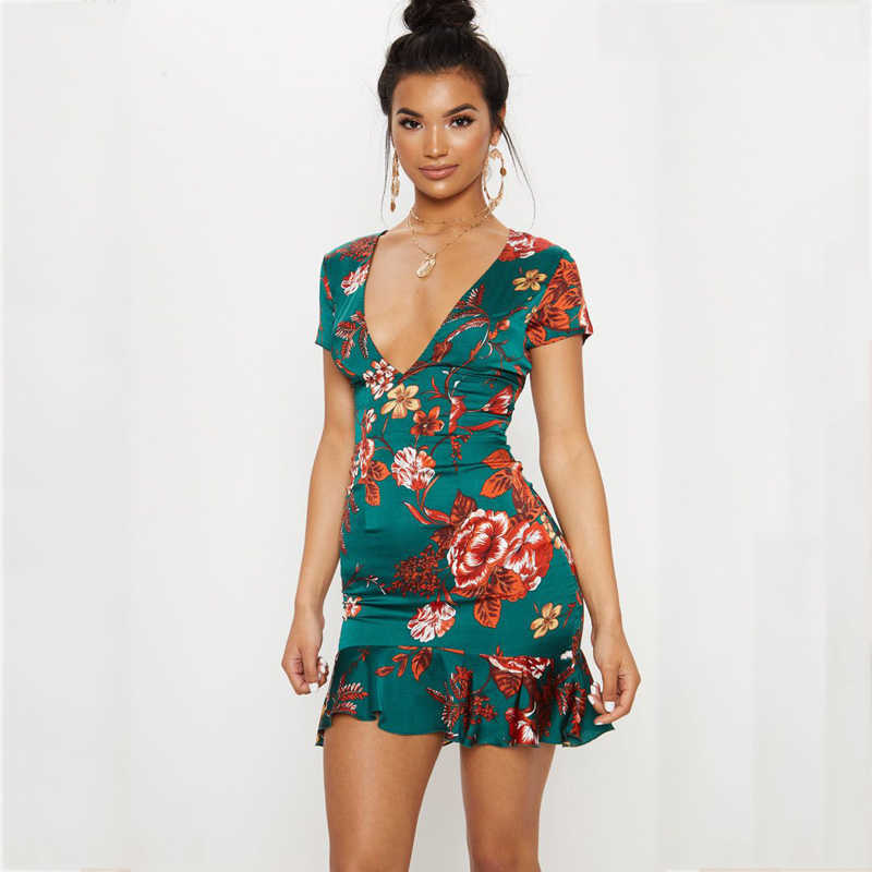 Women Green Criss Cross Back Frill Hem Shift Dress Streetwear Sheath Flora Print Short Sleeve Above Knee Mini Summer Party 210623