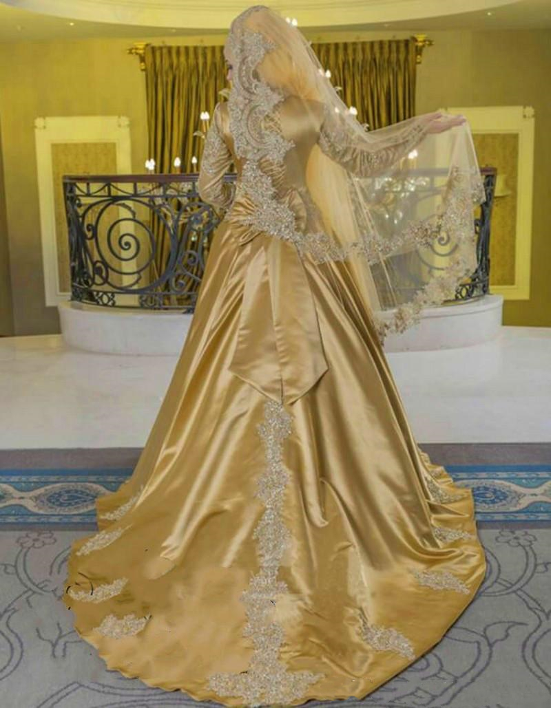 Gold Stin Muslim A e Hijb Wedding Dresses Bridl Gowns Buttons High Neck Long Sleeve Arbic Islmic Plus Size Bride Forml Dress Vintge Vestidos De