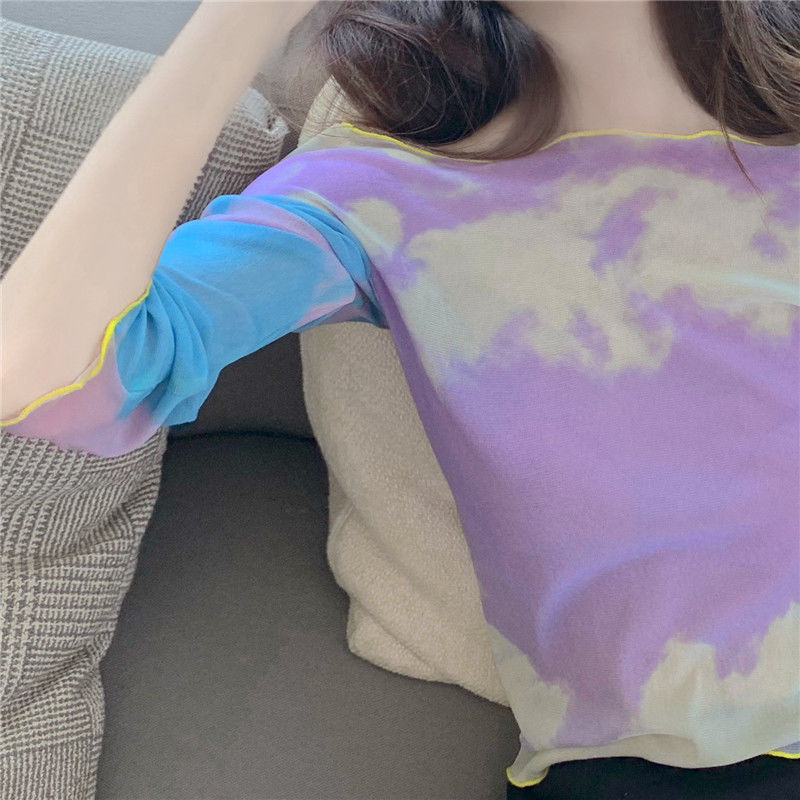 Tie Dye Mesh Top Long Sleeve T Shirt Aesthetic Summer Sky Print Tshirt Frill Crop Tee Purple Vintage Korean 210510