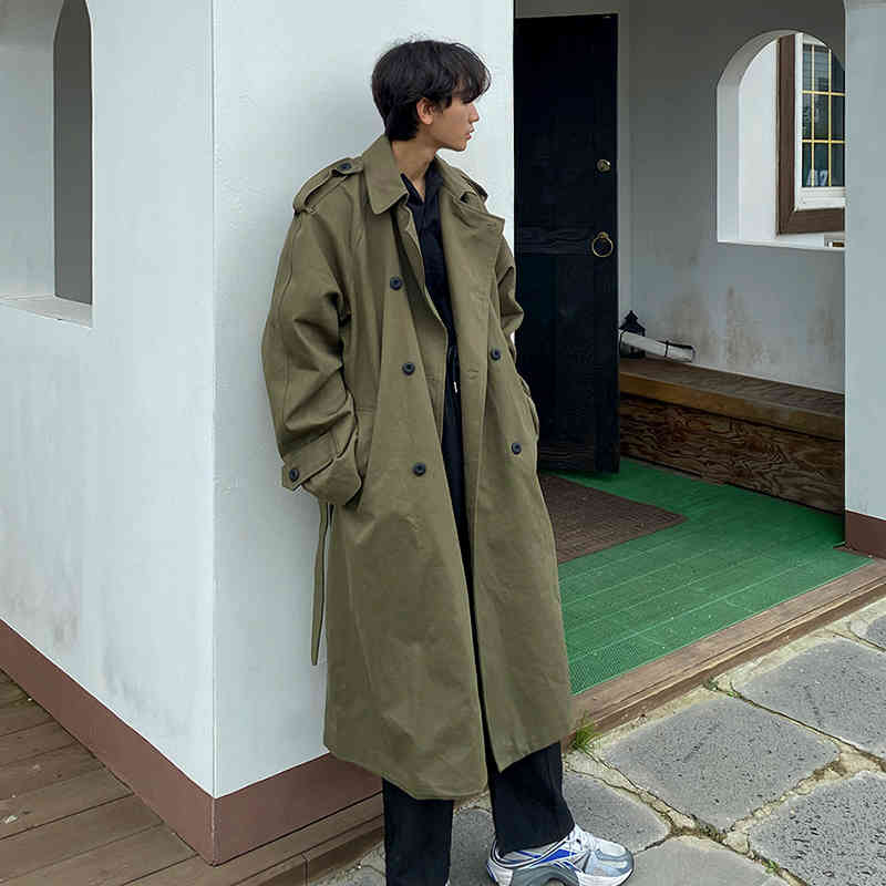 IEFB Spring Men's Windbreaker Medium Length Over Knee Loose Korean Handsome Trend Trench Coat With Belt Casual 9Y5488 210524