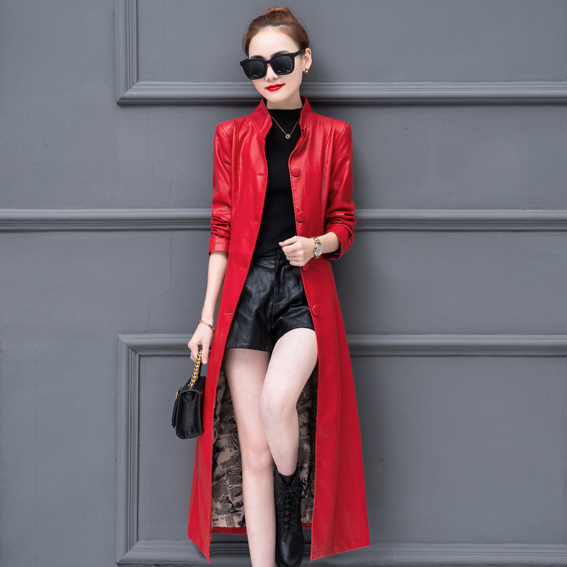 Spring Utumn Stand Collar Women Fashion PU Leather Long Trench Coats Lady Elegant Belt Waist Windbreaker Female 210514