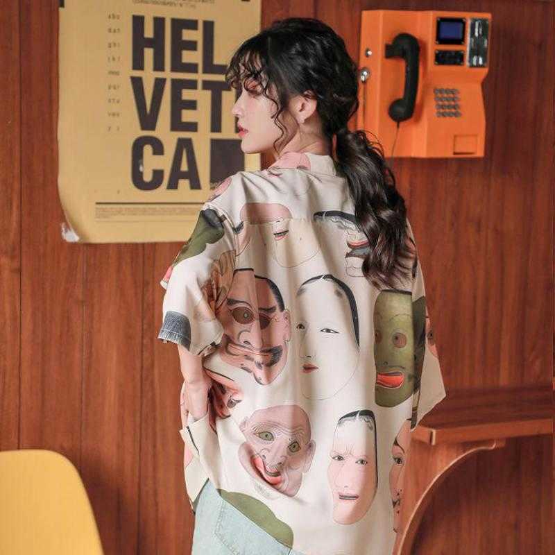 Yedinas Japanese Streetwear Ukiyoe Print Summer Blouse Women Collared Button Up Shirt Short Sleeve Top And Clothing 210527