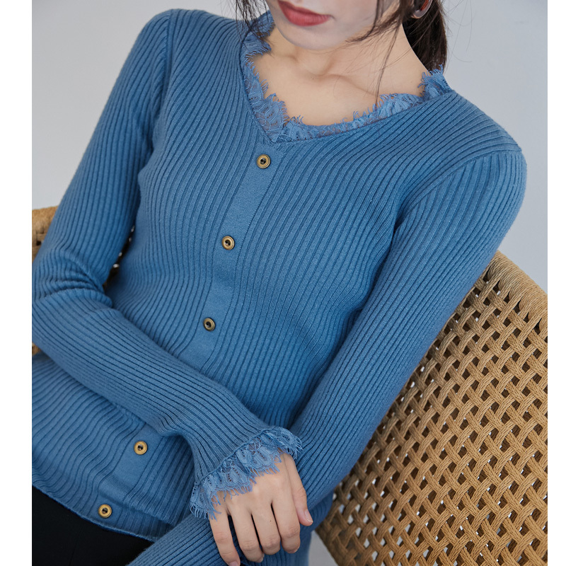 Autumn Winter Fashion Lace V-neck Slim Knit Women Sweater Long Sleeve Dark Stripes Clothes Solid Pullovers 6458 50 210510