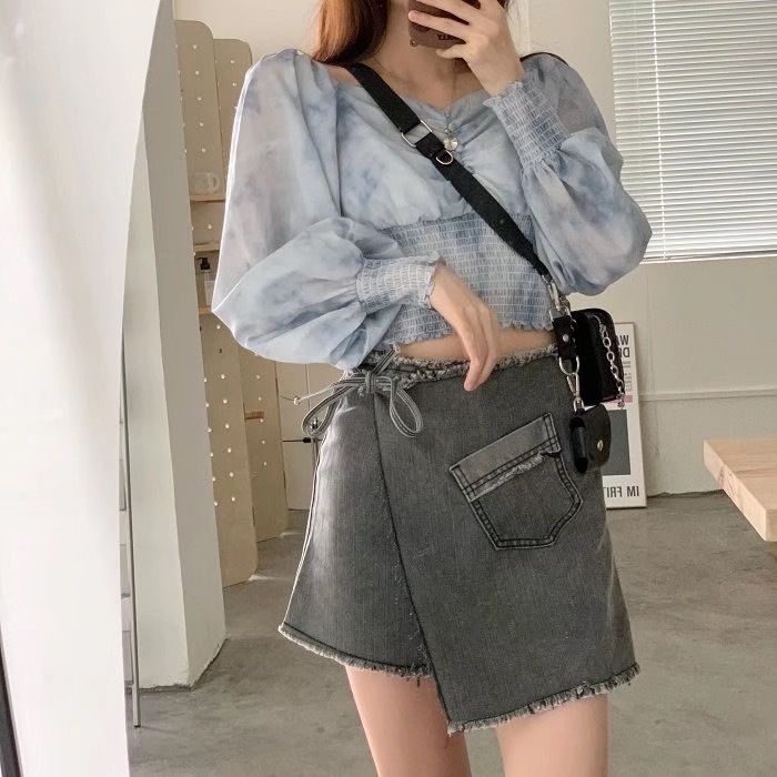 Autumn French Pleated Ruched Elastic Gradient Tie dye Shirt Women Sexy Long sleeve Slim Fit Blouse Tops 210429