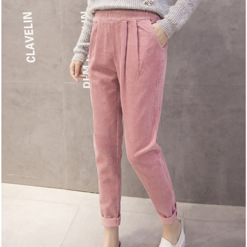 Casual Black Pink Trousers Plus Size Pants Women Corduroy Autumn Winter Korean Elastic Waist Harem 7287 50 210506