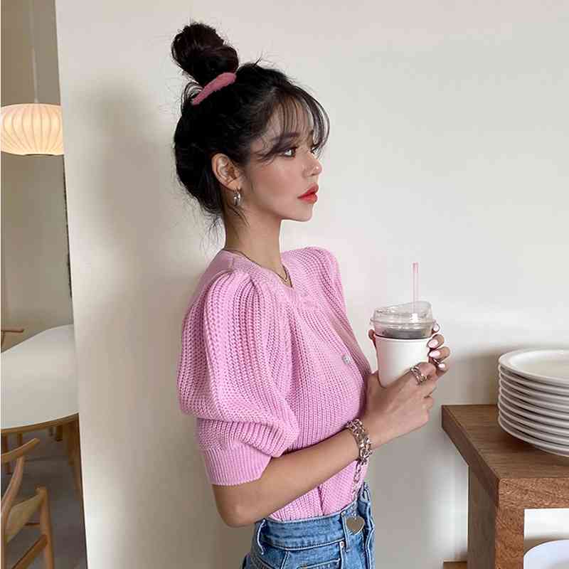 Short Knitted Cardigan Summer Puff Sleeve O-neck Knitwear Tops Causal Single Breasted Women Sweater Coat 6F219 210603
