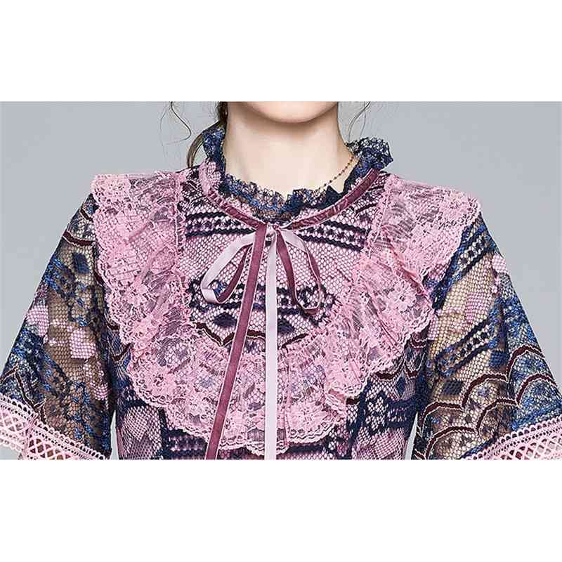 Fashion Runway Summer Dress Women Short Sleeve Lace Ruffles Patchwork Vintage es Ladies Midi Vestido 210520