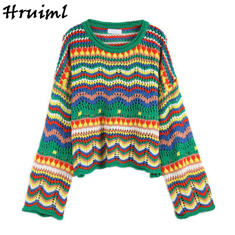 Long Sleeve Autumn Clothes Women Sweaters O Neck Rainbow Patchwork Casual Fashion Knit Christmas Winter 210513