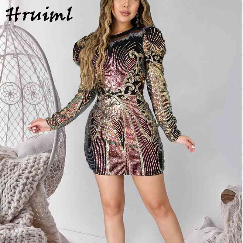Glitter Dress Women Fashion Mesh Patchwork Mini Dresses Arrival Slim Long Sleeve Night Club Party Vestidos De Verano 210513