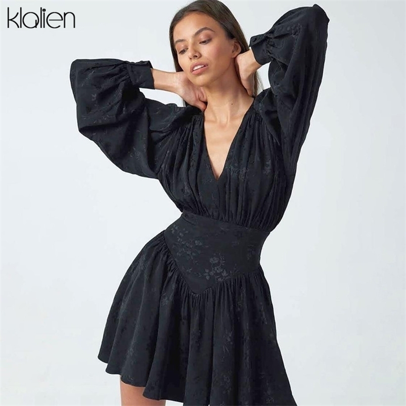 KLALIEN Fashion Black Chiffon Printing Elegant Loose Mini Dress Women Lantern Full Sleeve Pleated Slim Party Night Dresses 210623